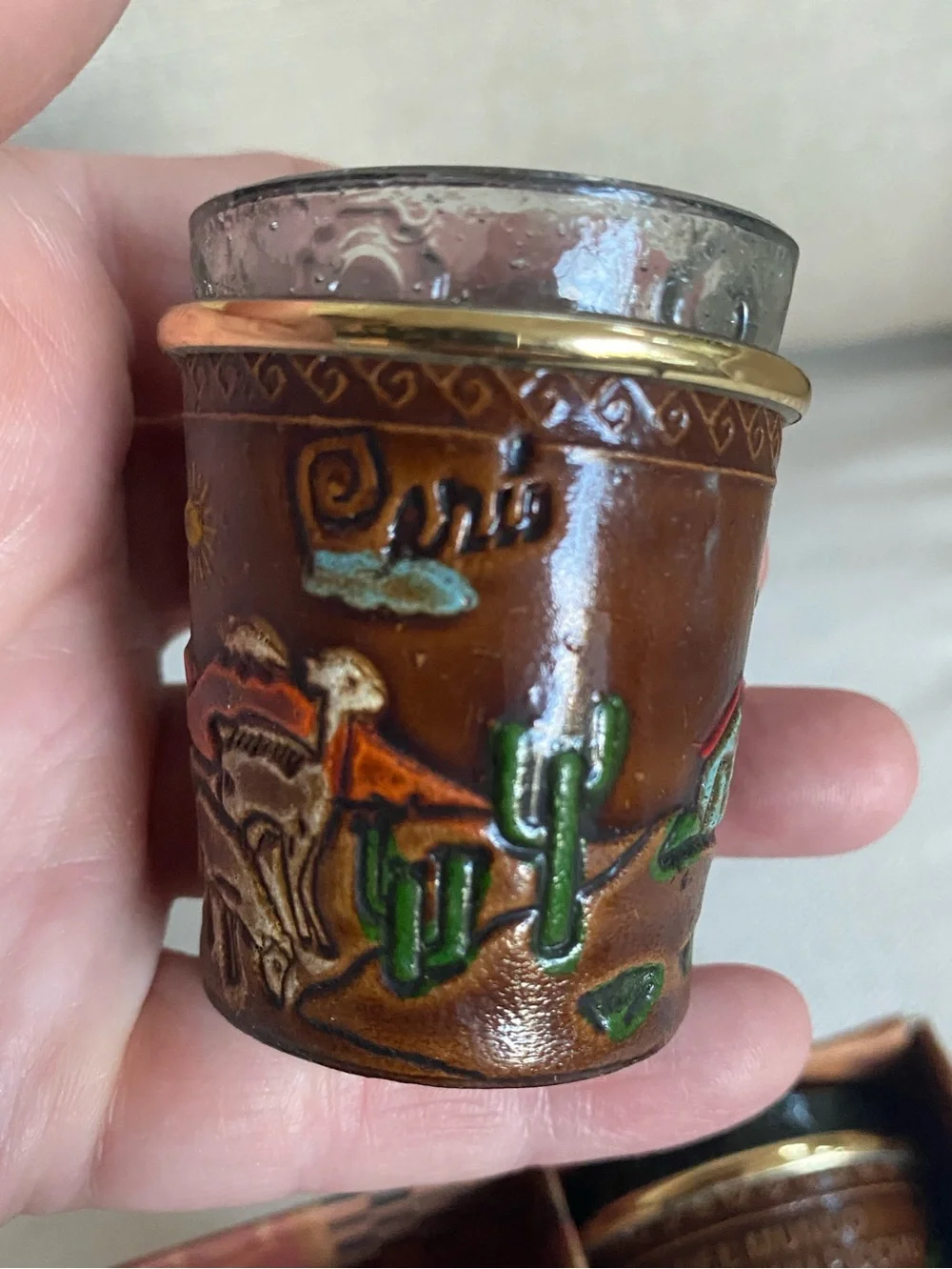 VTG INKAS PERU Handcrafted Leather Wrapped Shot Glasses Souvenir Set of 3 in Box